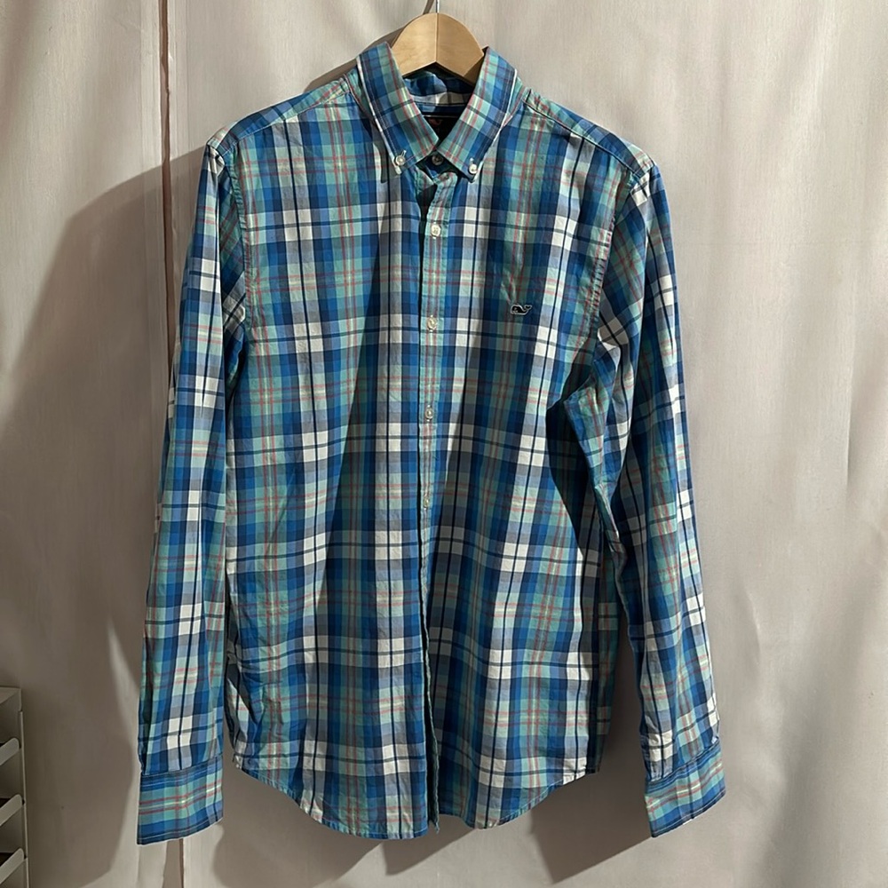 Men’s Vineyard Vines Blue and Green Plaid Button Down Shirt - Med